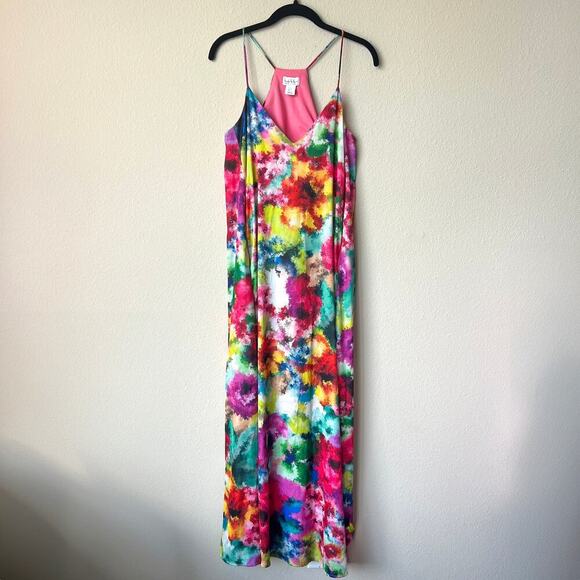 Nicole Miller New York Watercolor Floral Satin Slip Maxi Sun Dress Size S - Picture 2 of 6
